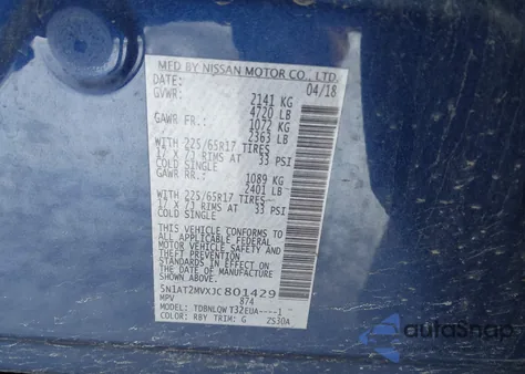 2018 Nissan Rogue Sv из США, поврежденный, VIN 5N1AT2MVXJC801429